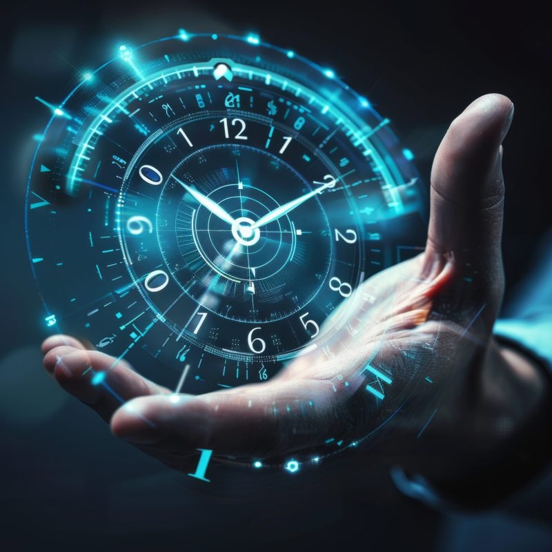 Hand with a digital clock interface, illustrating meticulous time management and strategic business planning